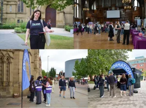 A collage from a University of Manchester open day: a Clearleft researcher smiling with a clipboard outside a gothic building, crowds browsing stalls in a grand wood-panelled hall, and student helpers in purple hi-vis vests guiding visitors past blue "Information" flags and a gazebo around campus.
