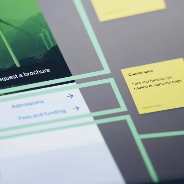 Close-up of a website or app interface with overlapping sections. Green outlines frame areas labeled "request a brochure" and "Course spec." The tone is modern and professional.