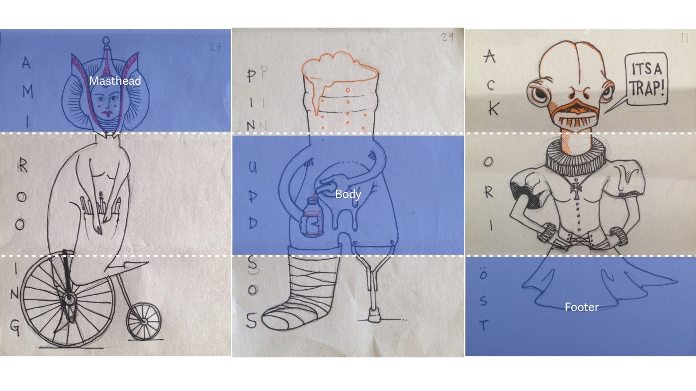 Exquisite corpse representing the masthead, body and footer of a website