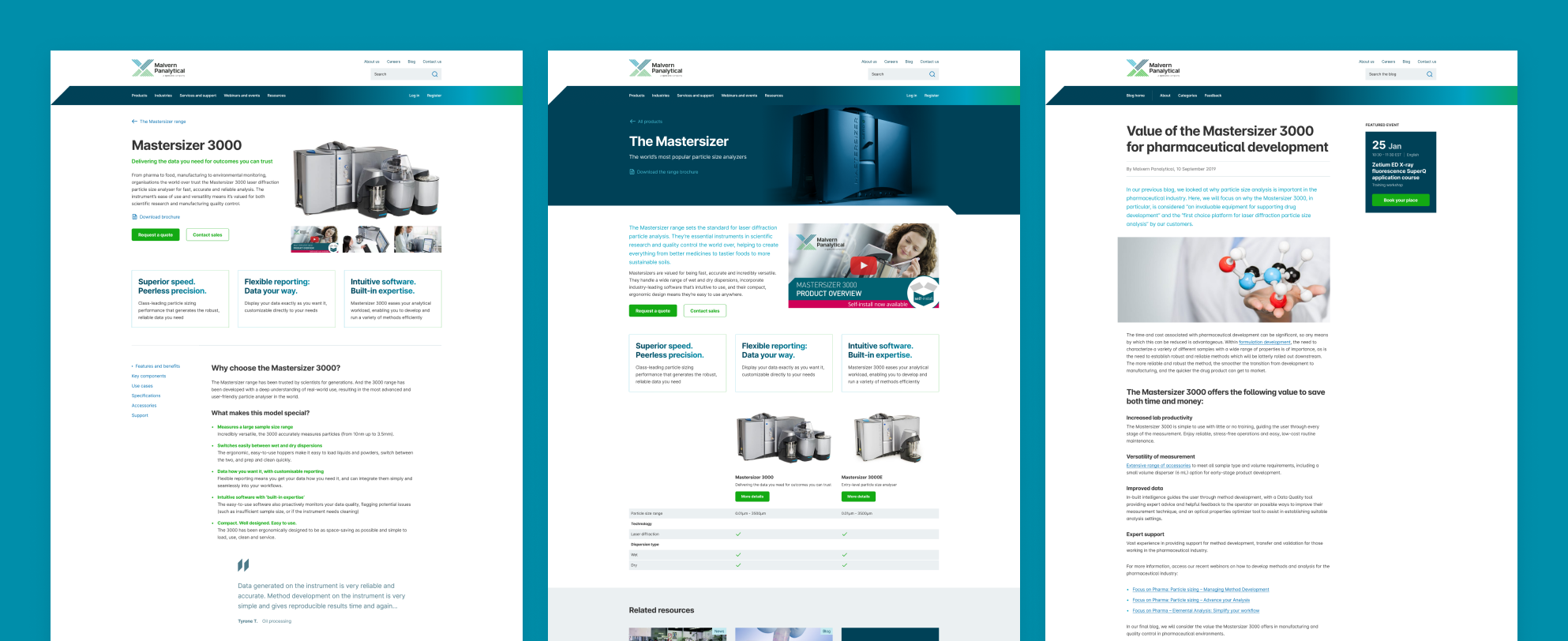 Three desktop-sized screenshots of pages side by side.