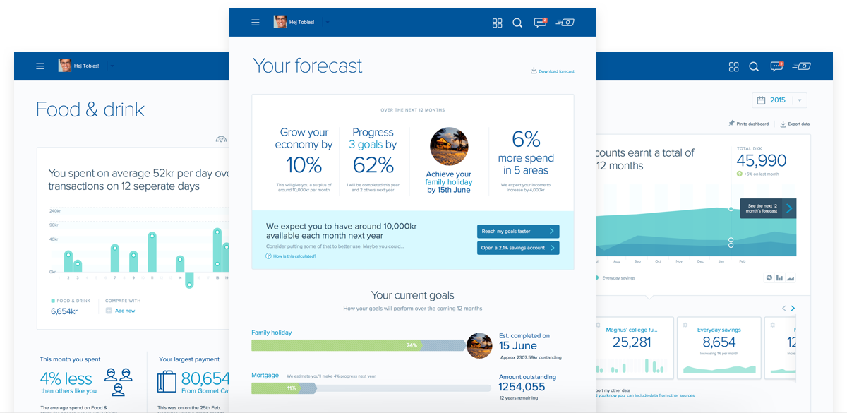 A group of screenshots showing the new and improved design of the Nordea dashboard