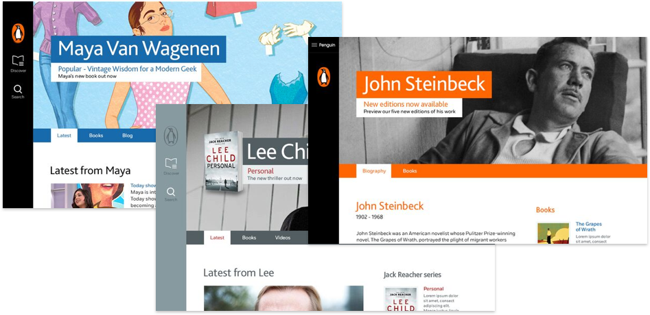 A group of screenshots showcasing the new and improved design work for Penguin