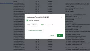 A modal window showing how to sort a range of data in a spreadsheet