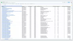 A spreadsheet showing 100s of rows of data from a content scrape