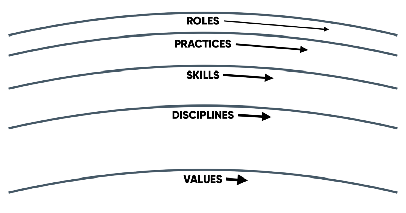 Onion-skin layers from outside inwards showing roles, practices, skills, disciplines and values
