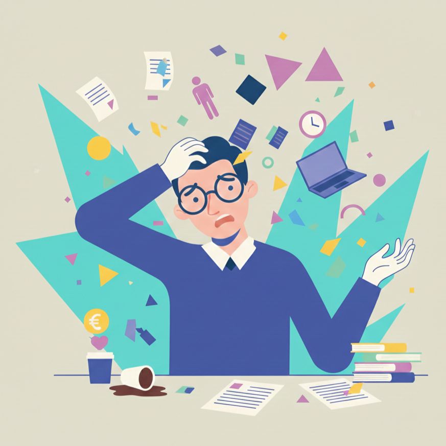 Illustration of overwhelmed business educator surrounded by papers, laptop, clock and scattered icons, representing faculty stress, workload pressure and challenges in modern higher education teaching.