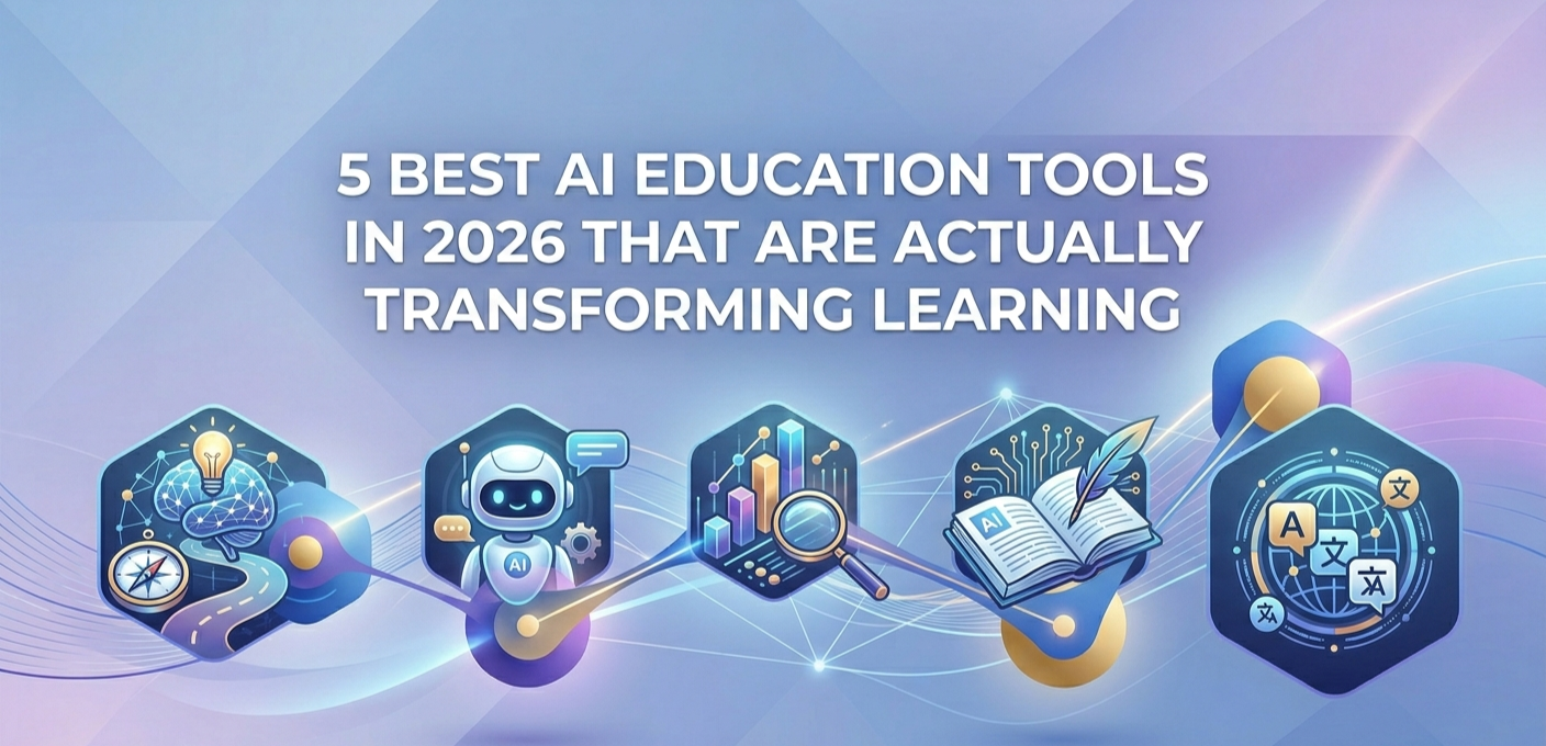 Blog post header titled '5 Best AI Education Tools in 2026 That Are Actually Transforming Learning', featuring a glowing digital network connecting five icons: a brain with a compass, an AI robot tutor, data analytics charts, a digital book and quill, and a language translation globe.