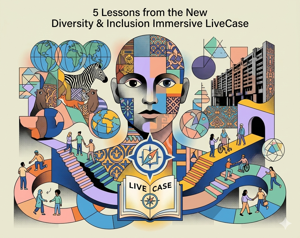 "5 Lessons from New Diversity & Inclusion Immersive LiveCase" – stylized vector illustration. A colorful, patterned human head is surrounded by diverse people, globes, cultural symbols, and architectural elements. An open book labeled "LIVE CASE" sits below.