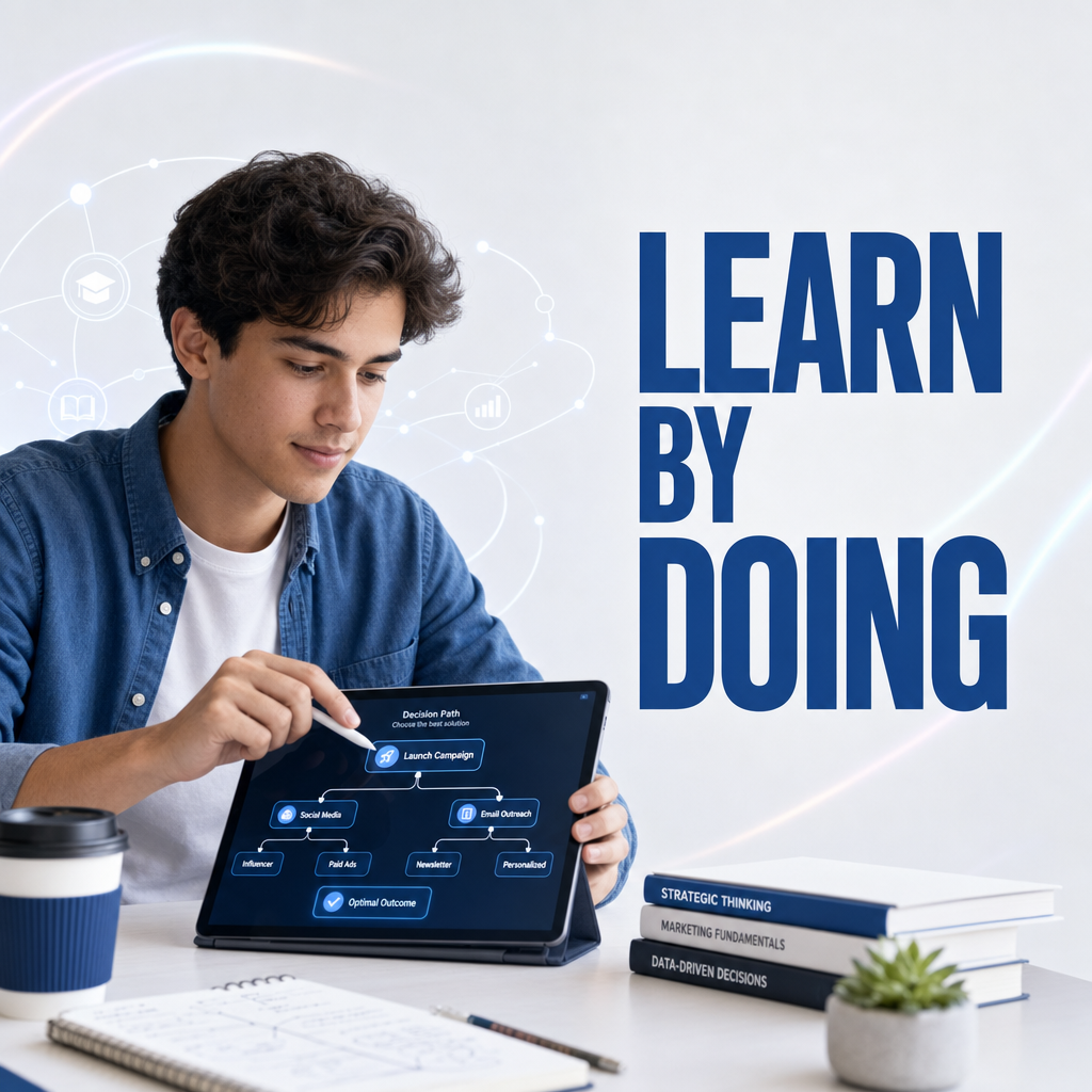 An asymmetrical composition. On the left side, an engaged university student sits at a desk, looking focused as they interact with a sleek tablet showing a branching decision tree. On the right side is clean, empty negative space. In this negative space, the words "LEARN BY DOING" are displayed in a large, bold, high-contrast font with correct spelling. The student and the text do not overlap.