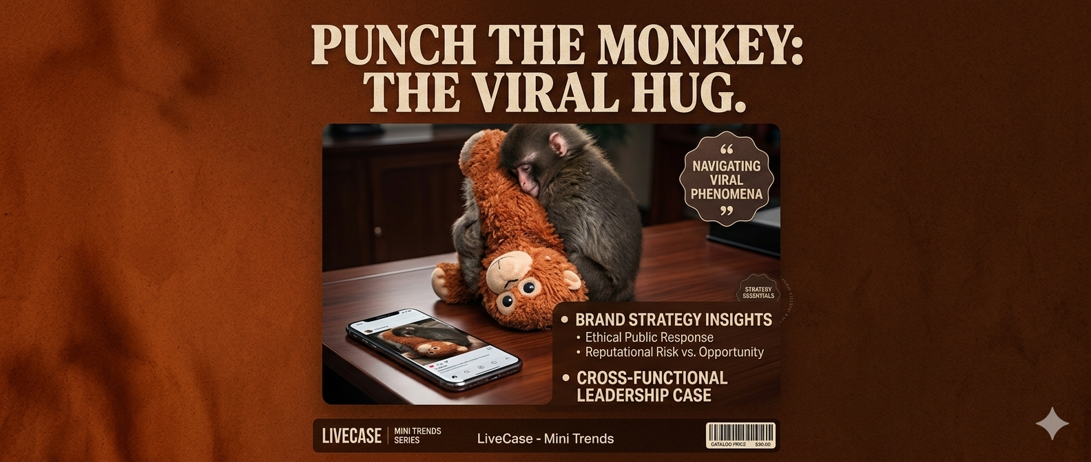 Promotional graphic titled “Punch the Monkey: The Viral Hug.” In the center, a small monkey sits at a wooden desk hugging a brown plush teddy bear. A smartphone on the desk displays the same monkey-and-teddy image, suggesting a viral social media moment. Text highlights topics such as “Navigating Viral Phenomena,” “Brand Strategy Insights,” “Ethical Public Response,” “Reputational Risk vs. Opportunity,” and “Cross-Functional Leadership Case.” The graphic is branded “LiveCase – Mini Trends Series.”