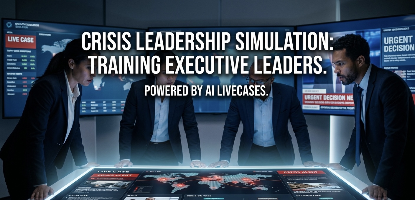 Executive education participants engaging in a crisis leadership simulation using immersive AI LiveCases on a digital interface.