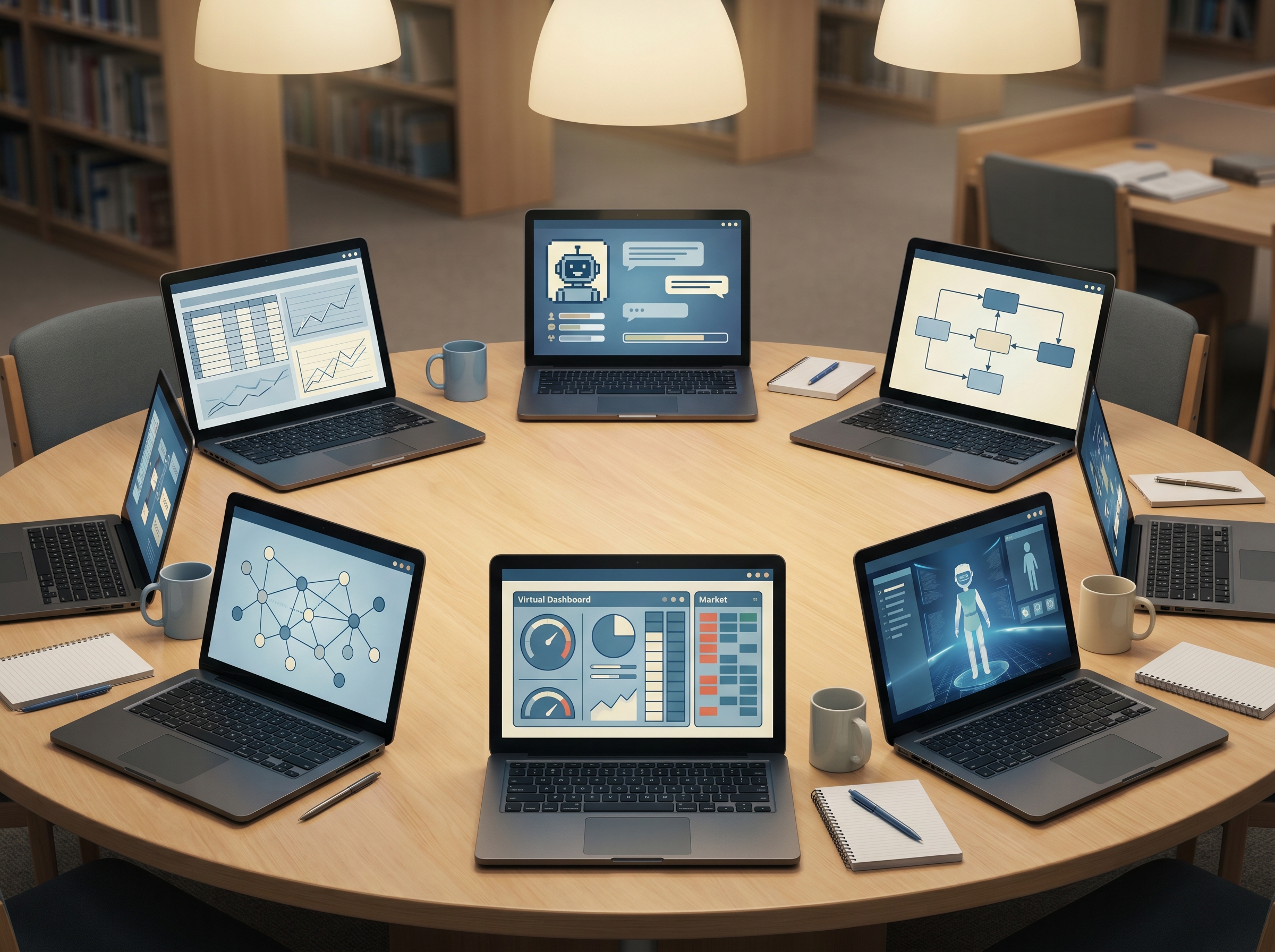Computers on a library table with different learning dashboards
