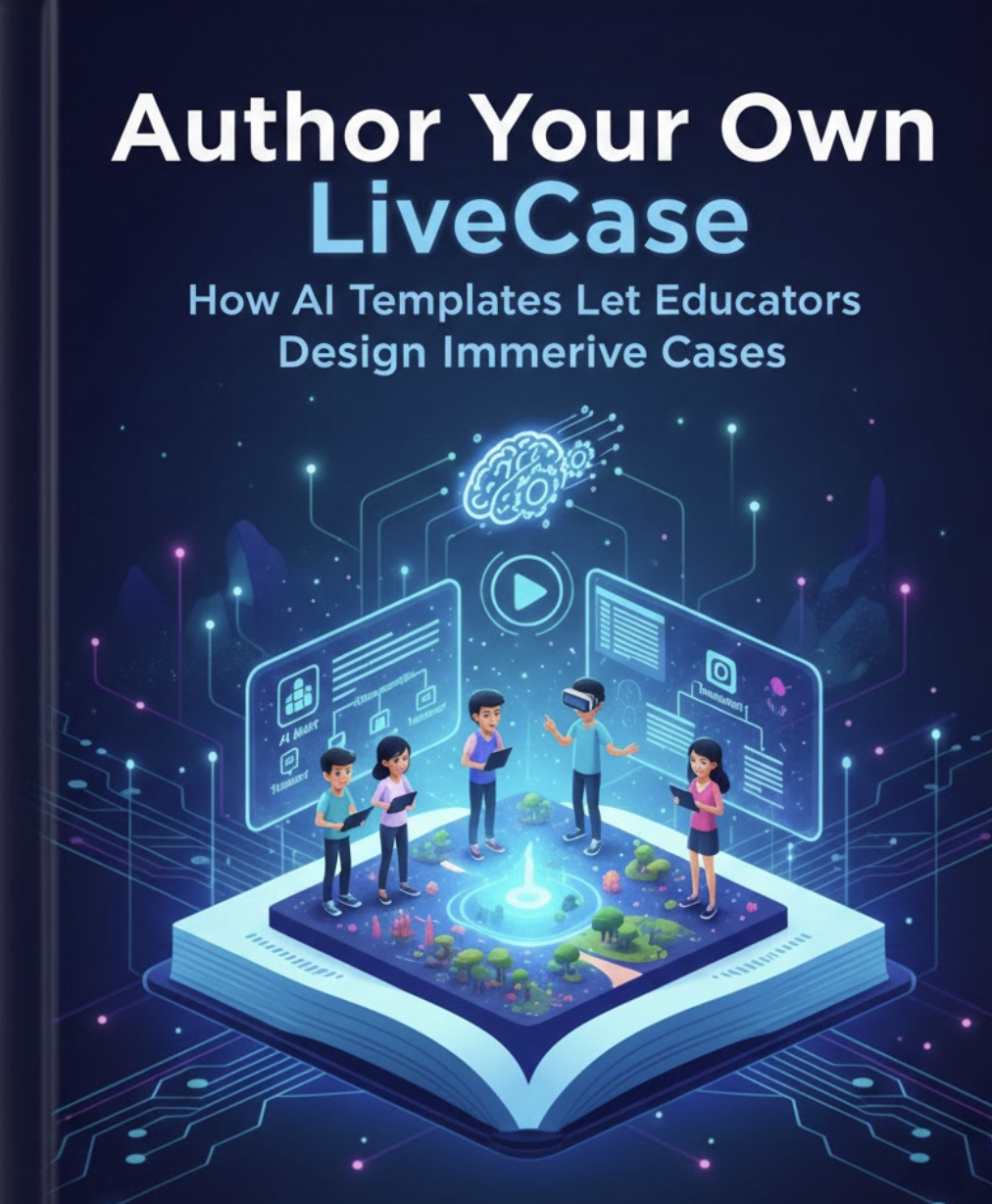 Author Your Own LiveCase book cover showing educators using AI templates to design immersive cases on a glowing digital book.