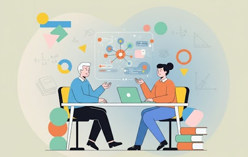 Illustration of a mentor and student using a laptop with AI and data visualization, representing AI-powered learning simulations and the future of education.