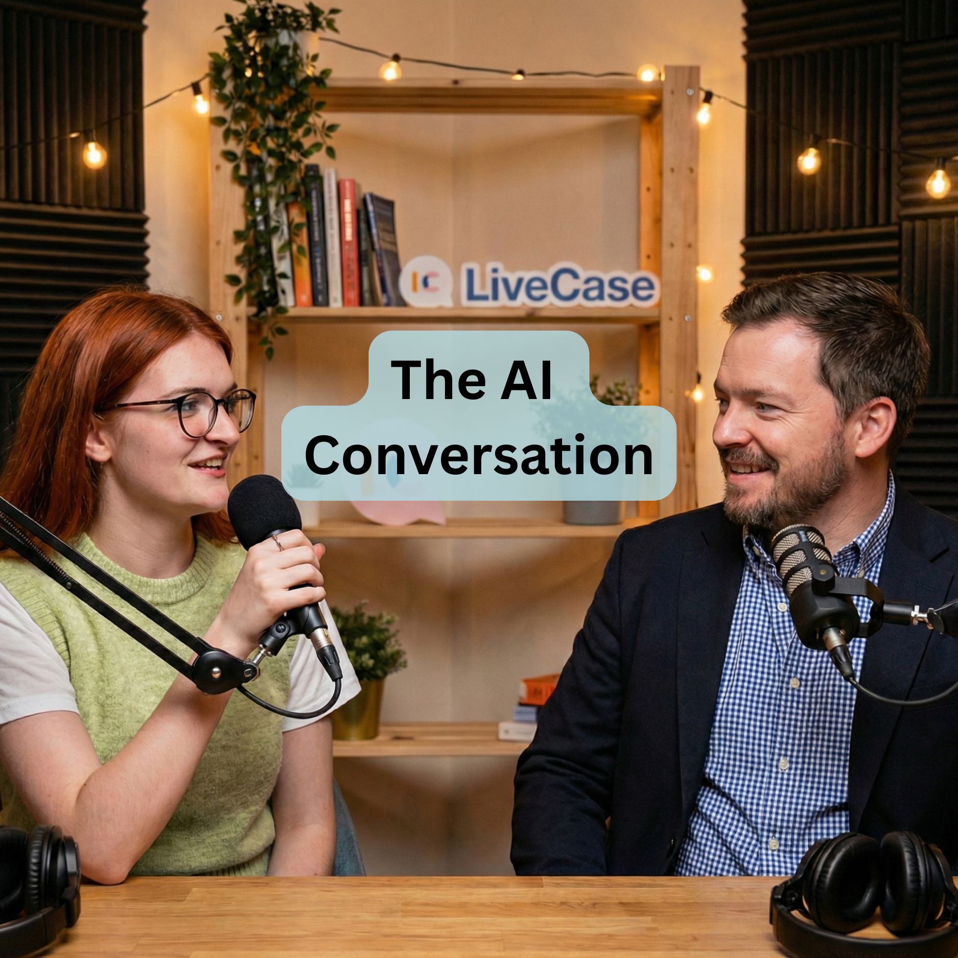A man and a woman engaging in a podcast Q&A interview, speaking into microphones in a recording studio with the LiveCase logo in the background. The overlay text says 'The AI Conversation'. 