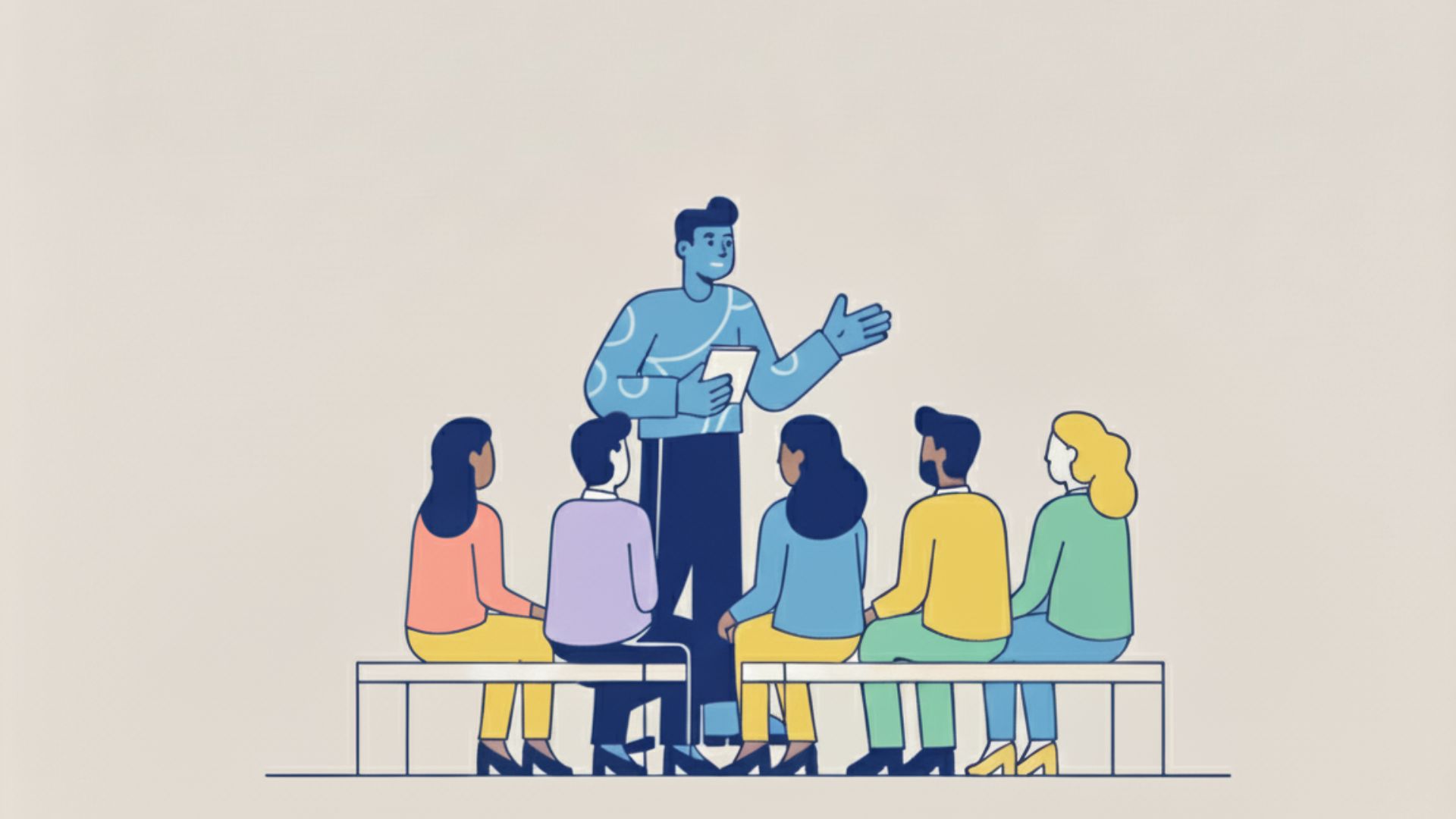 Illustration of a leader storytelling to a diverse team during crisis management training, showcasing leadership development and executive skills.