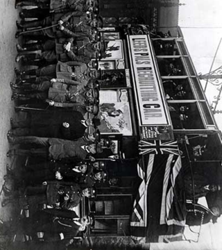 Leeds Pals Recruitment tram The Leeds Pals next to their recruitment tram | LEODIS Leeds Photographic Archive