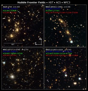 Four of the galaxy clusters that will be studied by Frontier Fields: Abell 2744, Pandoras Cluster, MACS J0416.1-2403, MACS J0717.5+3745, MACS J1149.6+2223 NASA, ESA, and Z. Levay (STScI/AURA)