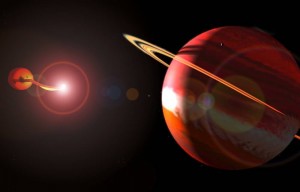 Artist's impression of planets orbiting binary star UZ Fornax