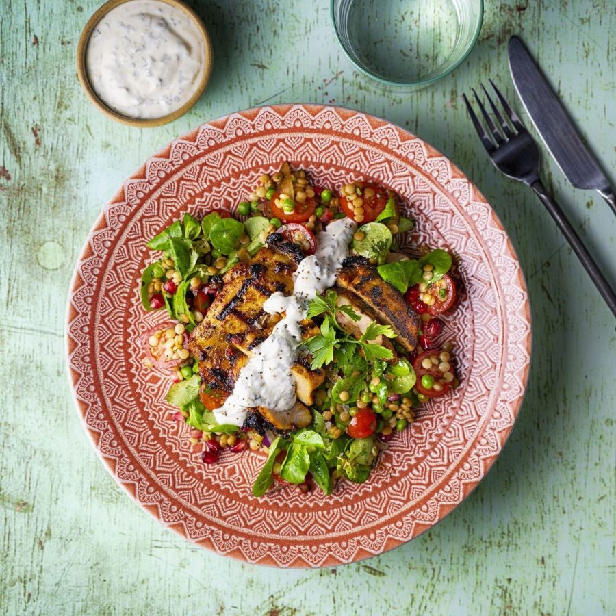 Grilled chicken dish plated food