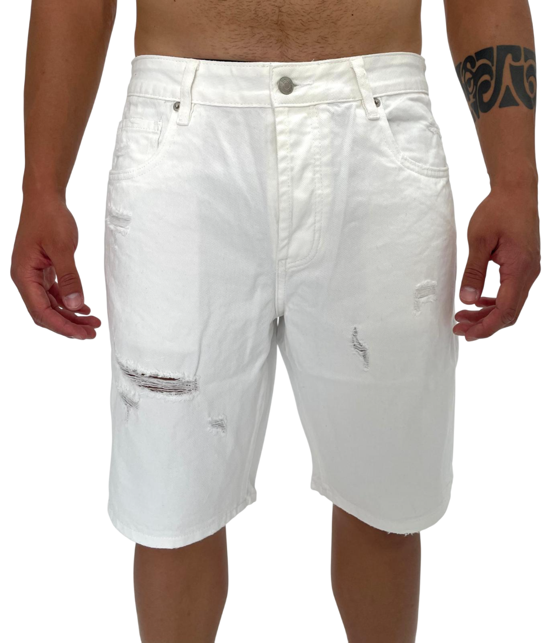 WHITE COTTON DENIM BERMUDA SHORTS