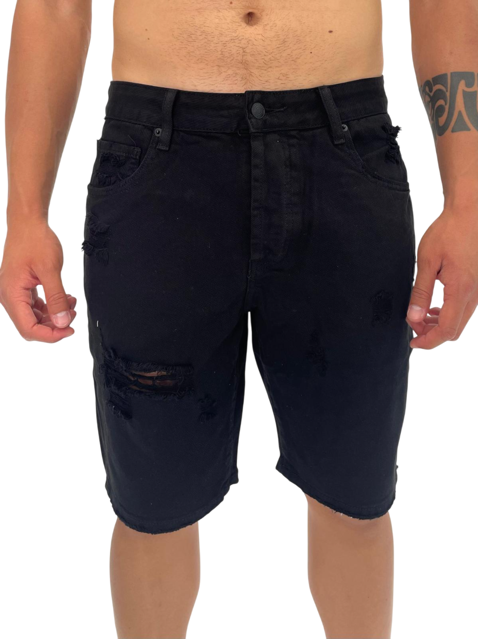BLACK COTTON DENIM BERMUDA SHORTS