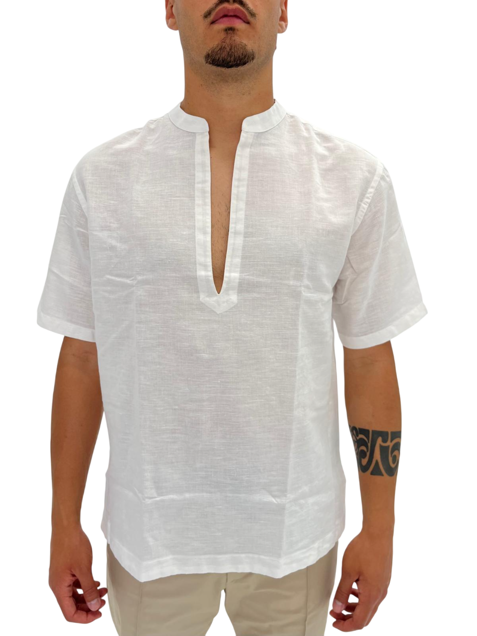 Camicia Lino Camicia Manica Corta Collo Coreana CAMICIA BIANCA IN