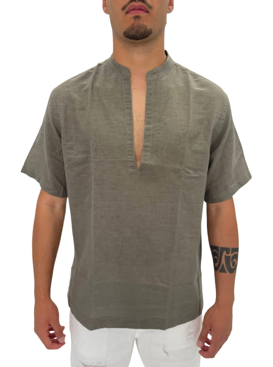 GREEN LINEN AND COTTON SHIRT WITH MANDARIN COLLAR