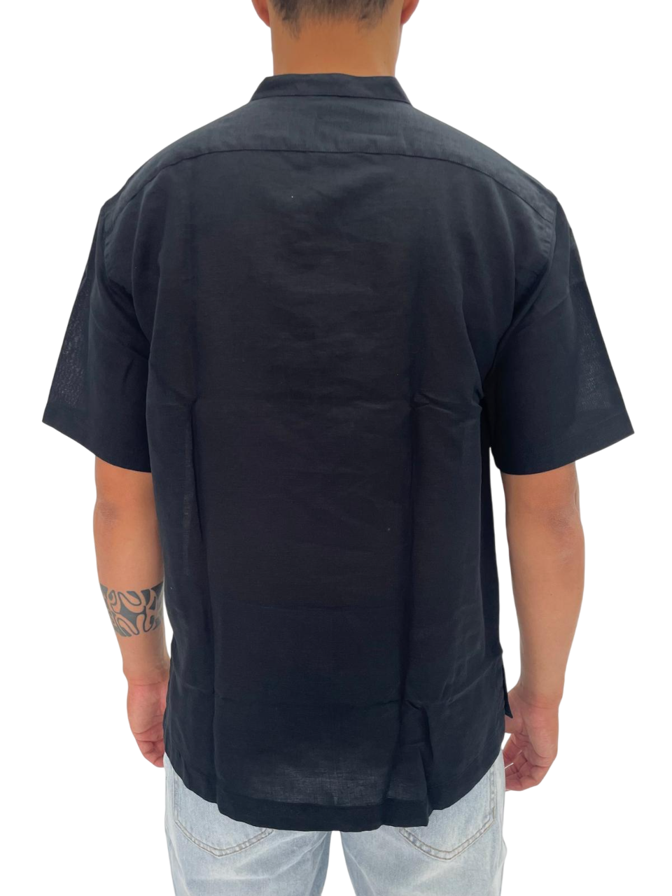 CAMICIA NERA IN LINO E COTONE CON COLLO ALLA COREANA