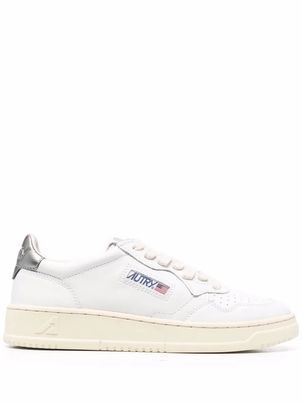 Women's Autry Sneakers  Stylish leather Autry sneakers with logo patches. Lace-up fastening and flat sole. White & silver.
