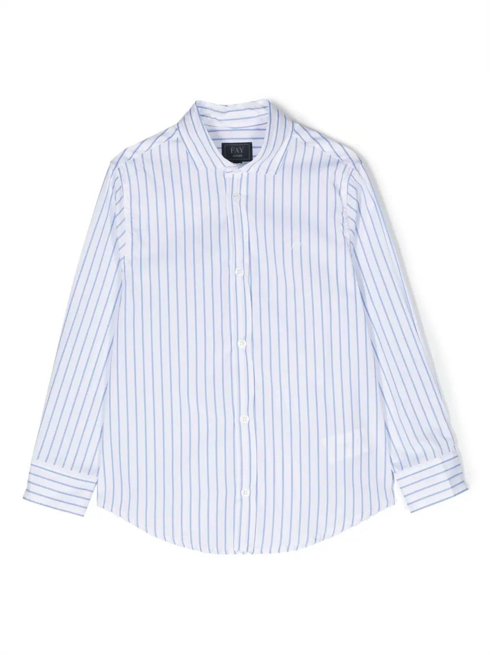 Fay Kids Stripe Shirt Upgrade your little boy's wardrobe with this classic striped shirt from Fay Kids. Made with 100% cotton, it features a timeless design with a classic collar and front button fastening. Perfect for any occasion, this blue and white shirt is a must-have for the CARRY OVER season. 100%CO composition for ultimate comfort.