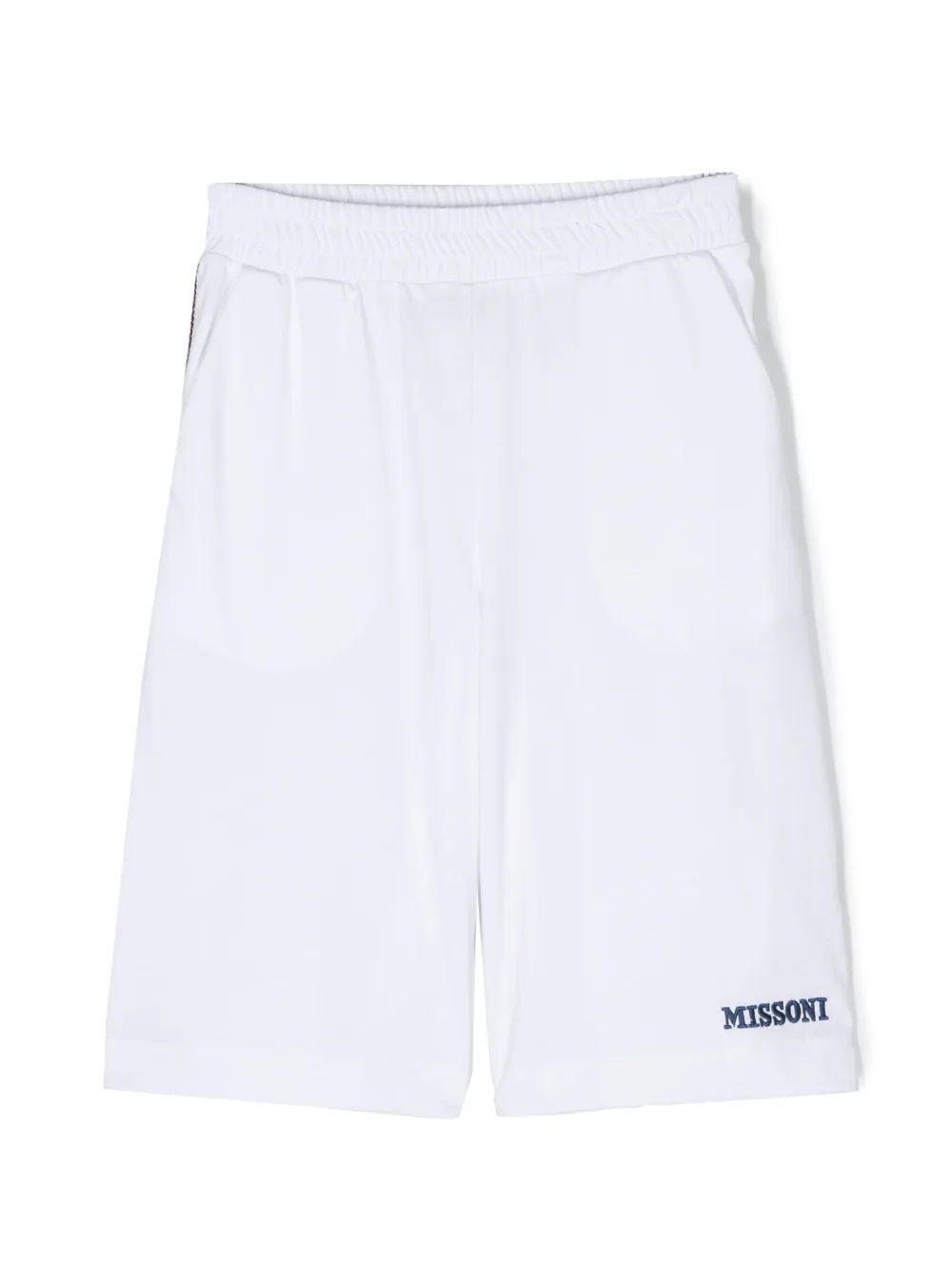 Missoni Kids Shorts  Get your little one ready for summer with our stylish Missoni Kids Shorts. Made with 100% cotton and featuring a logo print and elastic waistband, these knee-length shorts are perfect for any summer adventure. Available in white for a classic look. From the trusted brand Missoni Kids.