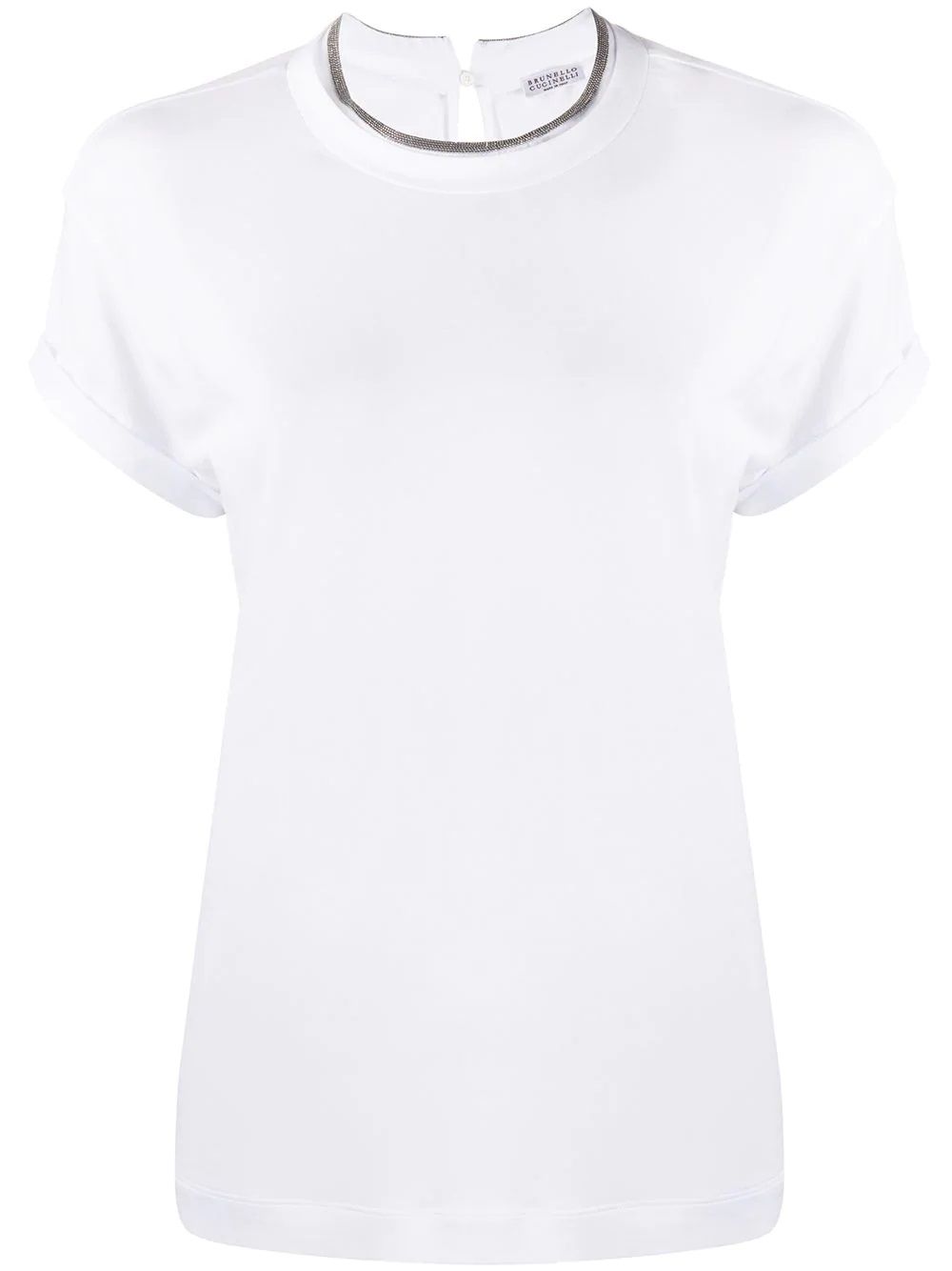 Women's White Brunello Cucinelli T-Shirt Women's T-Shirt by BRUNELLO CUCINELLI: round neck, contrasting hem, short sleeves. 93% CO, 7% EA.