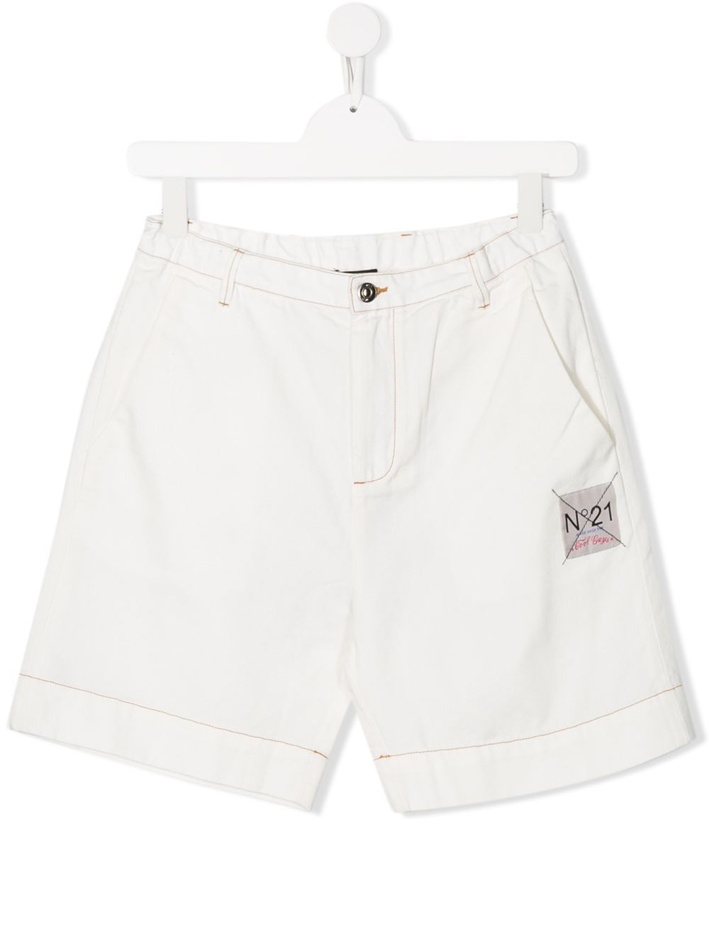 N21 Kids White Shorts - Boys Clothing White shorts for boys from N21 Kids with logo, pockets, button closure, and 100%CO material.