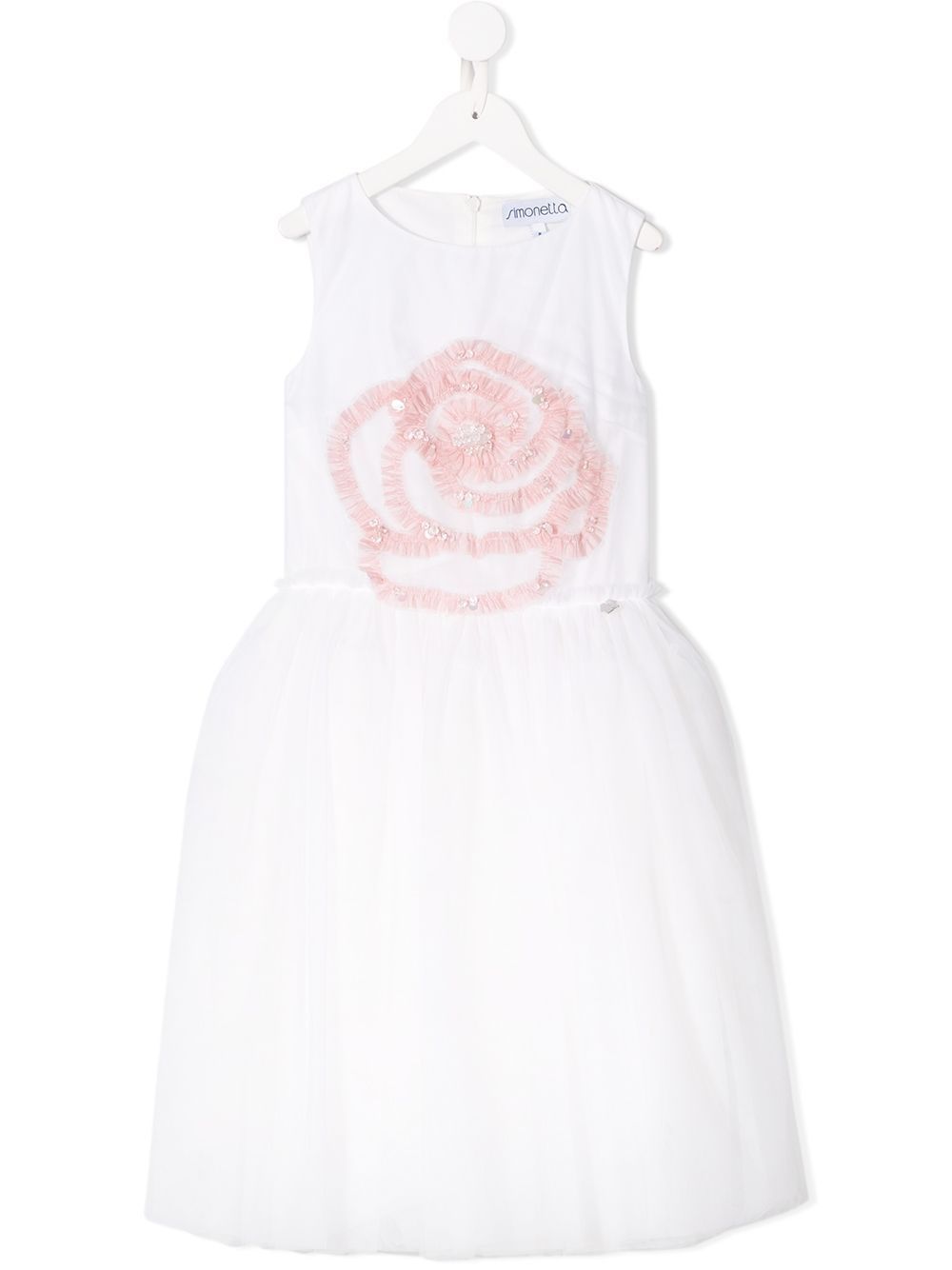 Simonetta Kids White Sleeveless Dress for Girls Beautiful white sleeveless dress for girls by SIMONETTA KIDS. Embroidered detail, round neck & flared skirt. 100% PA.