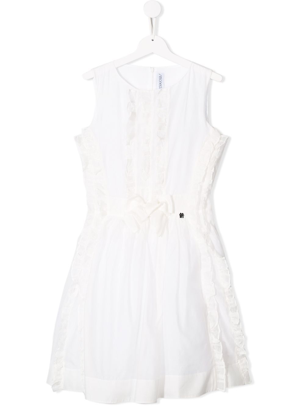 SIMONETTA KIDS Girls' White Sleeveless Dress Stylish white SIMONETTA KIDS dress with ruffle detail and flared skirt. Perfect for special occasions.