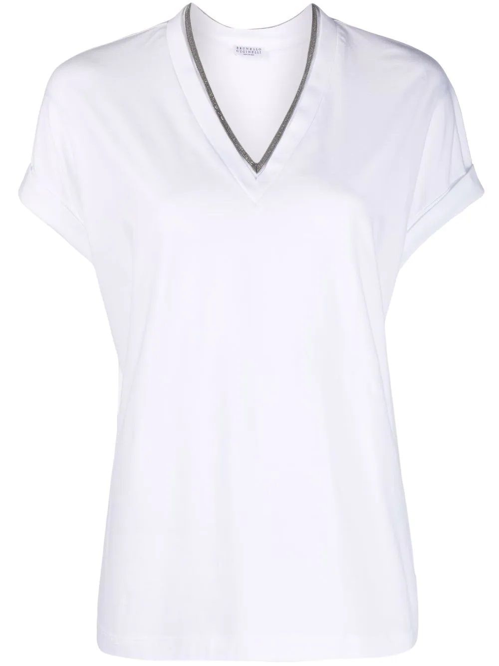 BRUNELLO CUCINELLI V-Neck T-Shirt for woman Upgrade your wardrobe with this chic V-neck T-shirt from Brunello Cucinelli. Made with high-quality materials for a comfortable and stylish look. Perfect for any occasion.