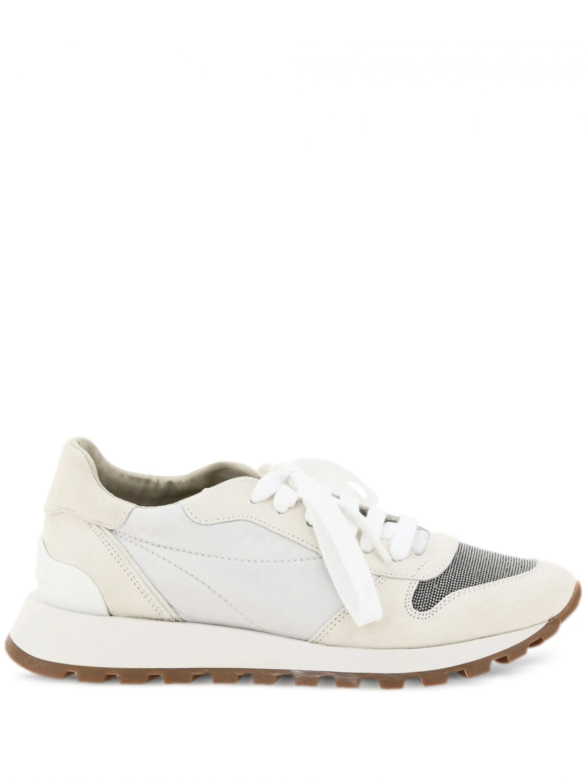 Women's White BRUNELLO CUCINELLI Sneakers - Color Block White BRUNELLO CUCINELLI sneakers with color block design and logo. Flat sole. 100% rubber, fabric and calf leather.