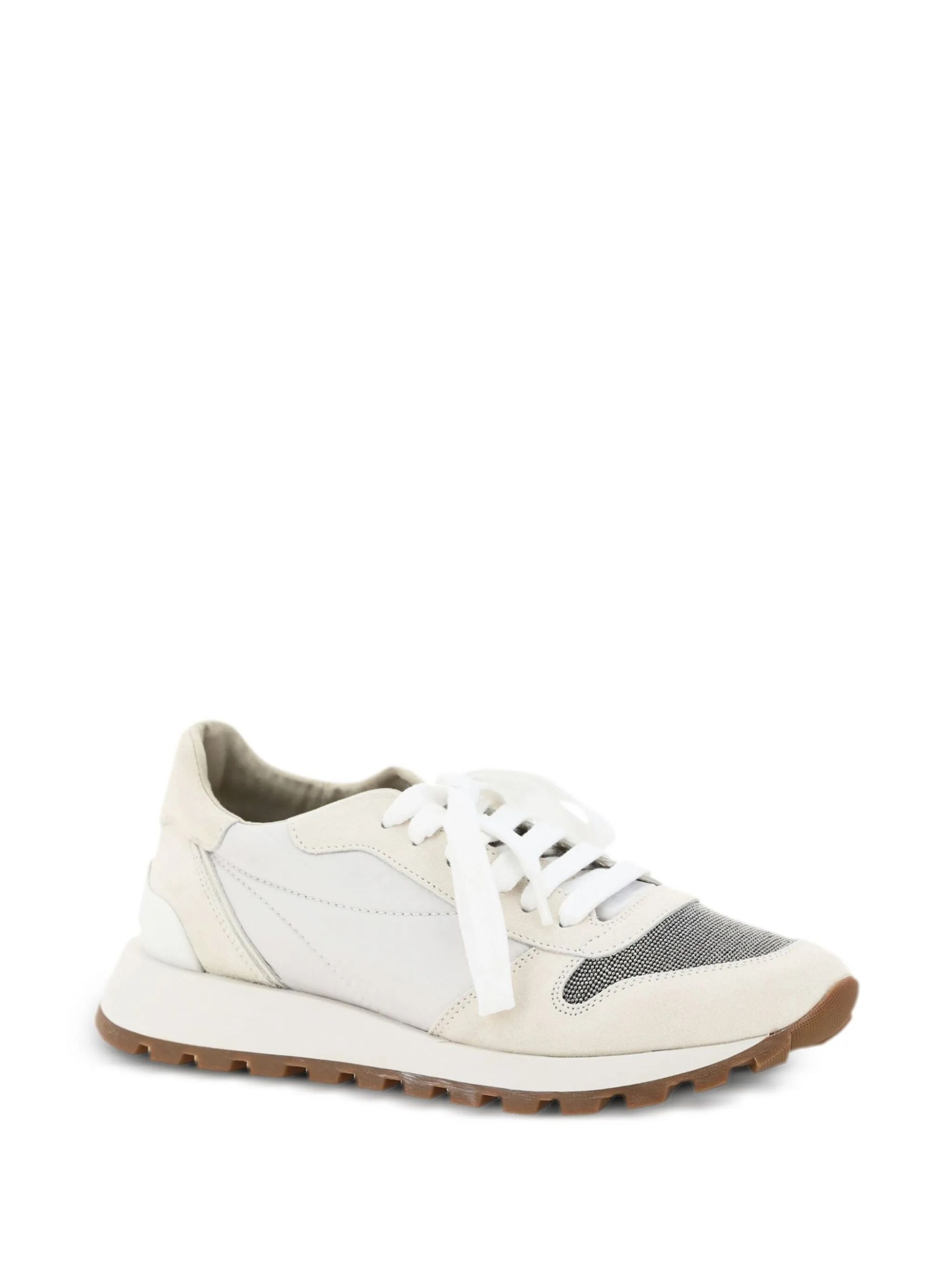 Women's White BRUNELLO CUCINELLI Sneakers - Color Block White BRUNELLO CUCINELLI sneakers with color block design and logo. Flat sole. 100% rubber, fabric and calf leather.