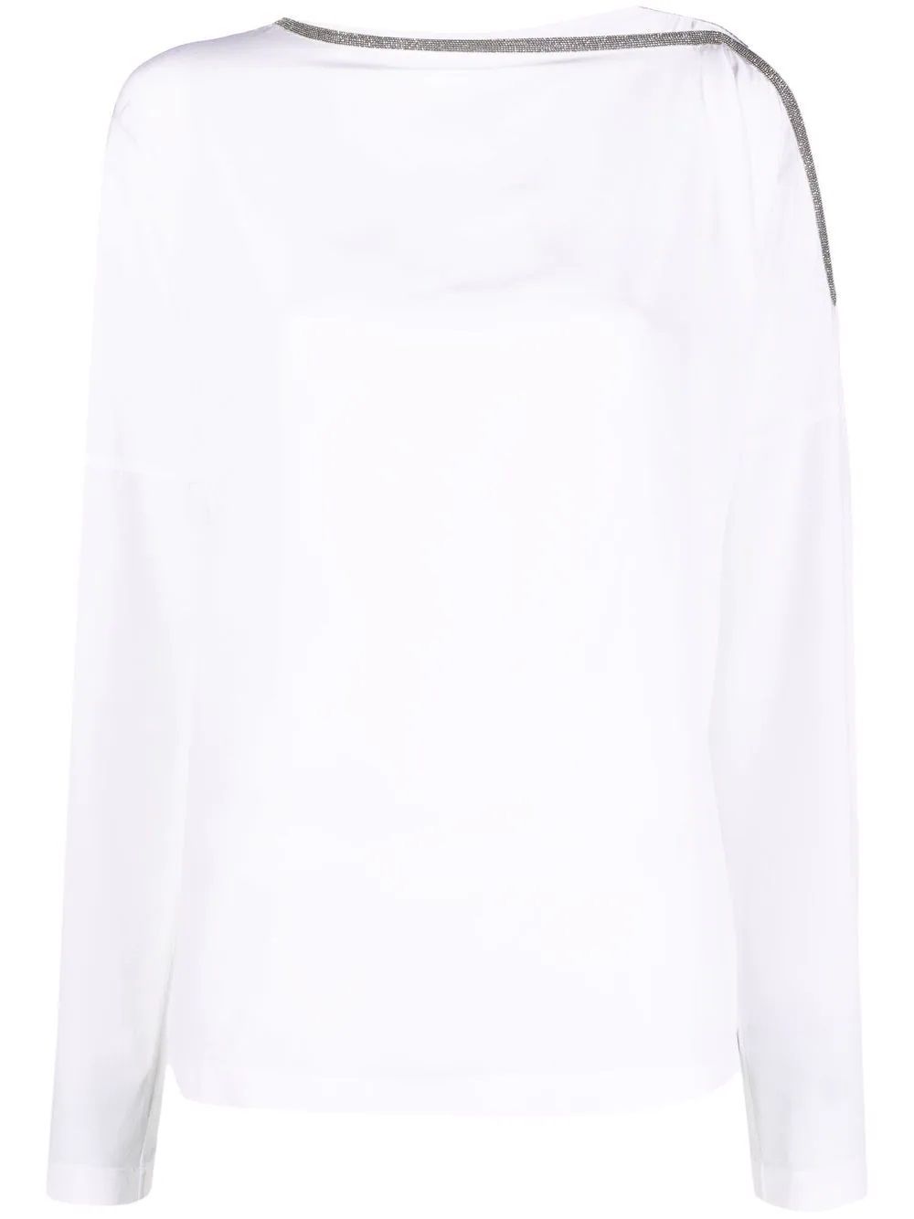 Women's White Knitwear Top by Brunello Cucinelli Stylish white knitwear top by Brunello Cucinelli with boat neck, long sleeves and contrasting edge.