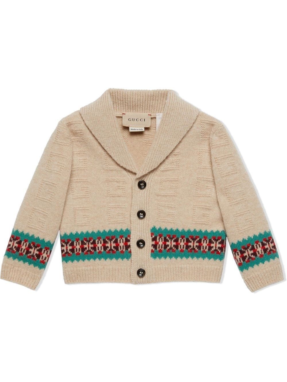 Cardigan Gucci per bambini: Revers, Scialle, Bottoni, Beige/Multicolor Elegante cardigan Gucci Kids con revers, scialle, bottoni e colore beige/multicolore.