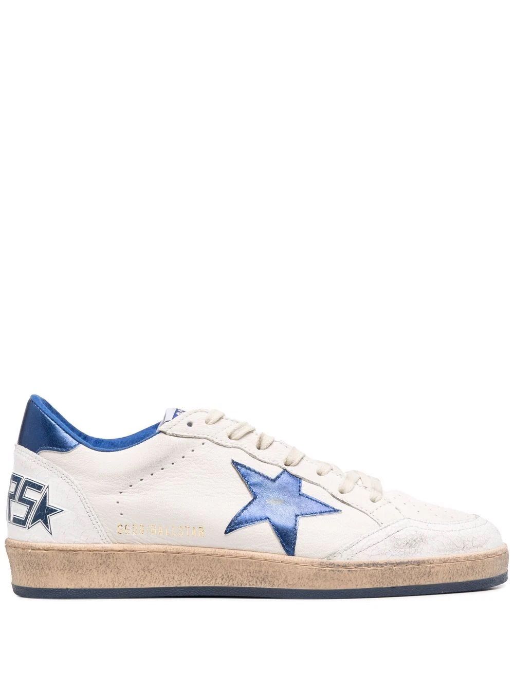 Golden Goose Ballstar Sneakers  Upgrade your sneaker game with these stylish White/Blue Leather Ballstar Sneakers from Golden Goose DB. Made with high-quality leather and featuring star side application, these sneakers are perfect for any man's wardrobe. Shop now from our CARRY OVER collection.