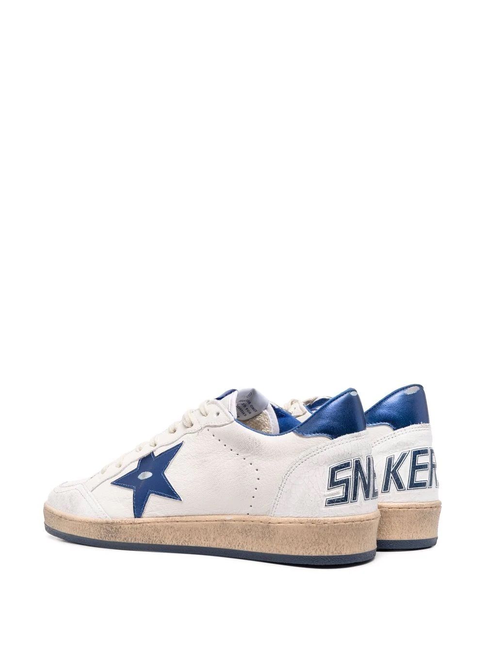 Golden Goose Ballstar Sneakers  Upgrade your sneaker game with these stylish White/Blue Leather Ballstar Sneakers from Golden Goose DB. Made with high-quality leather and featuring star side application, these sneakers are perfect for any man's wardrobe. Shop now from our CARRY OVER collection.