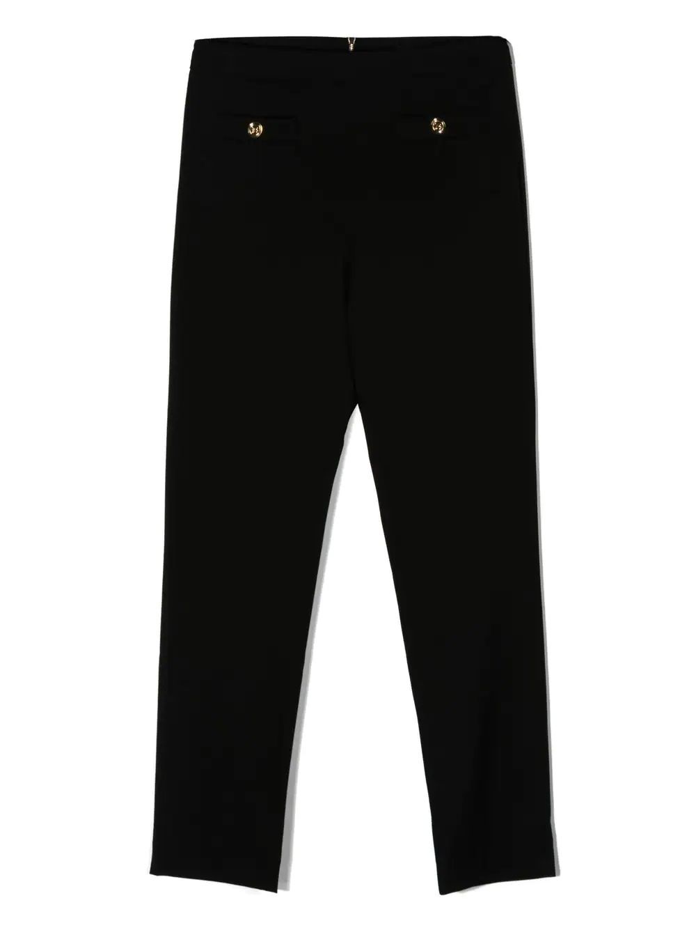 Girls' Balmain Kids Trousers  Black wool trousers for girls by BALMAIN KIDS. Features buttons, ashtray closure & gold accents. 98% vergin wool.