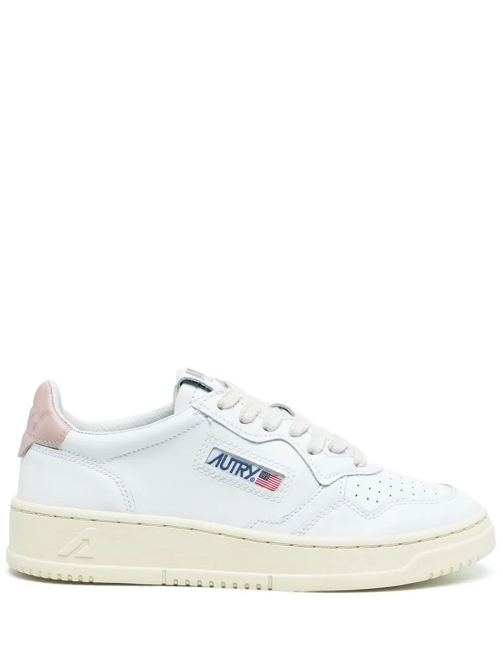 Women's AUTRY 01 SNEAKERS  Women's leather sneakers with logo detail by AUTRY. Round tip, flat rubber sole. White & pink.