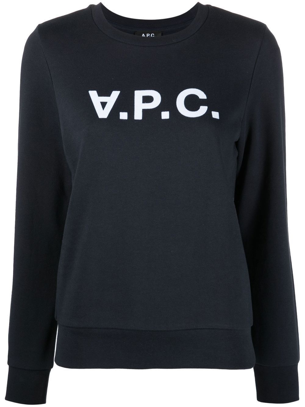Women's A.P.C. Navy Blue Sweatshirt Women's navy blue sweatshirt by A.P.C. with front logo print. 100% CO.