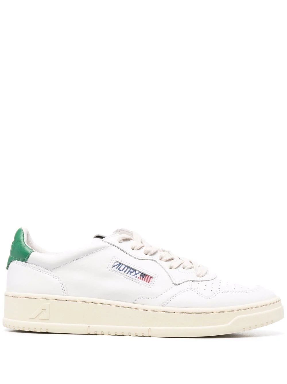 Men's Autry 01 Leather Sneakers  Men's leather sneakers with logo, strings, round tip & flat sole. White & green. 100% leather.
