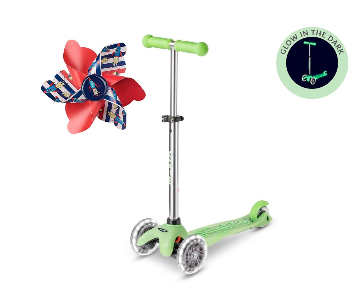 Patinete Mini Micro Deluxe Glow Lime con Luces LED + Molinillo Cohete