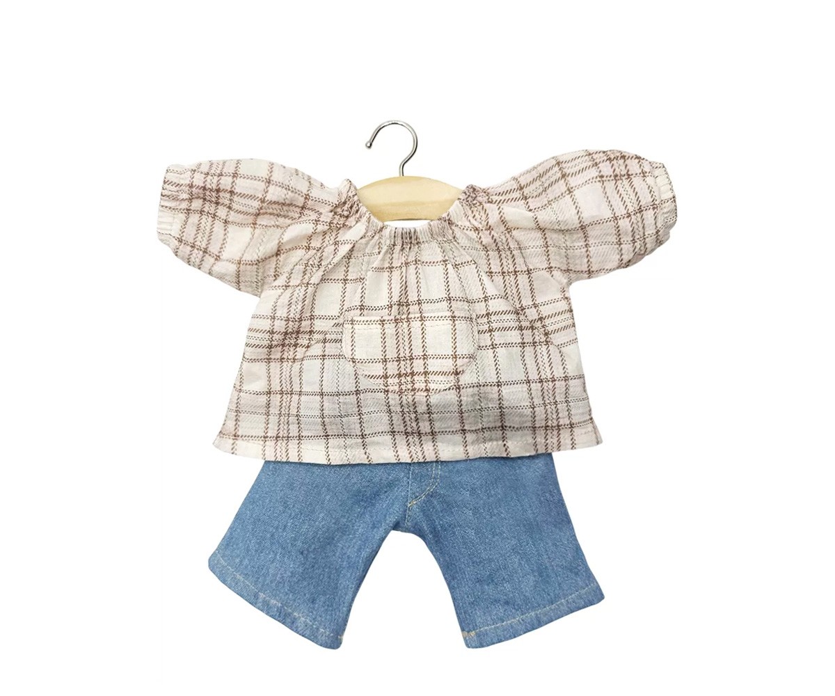 Conjunto Vuelta al Cole Blusa a Cuadros y Vaquero Azul para Muecos Gordis