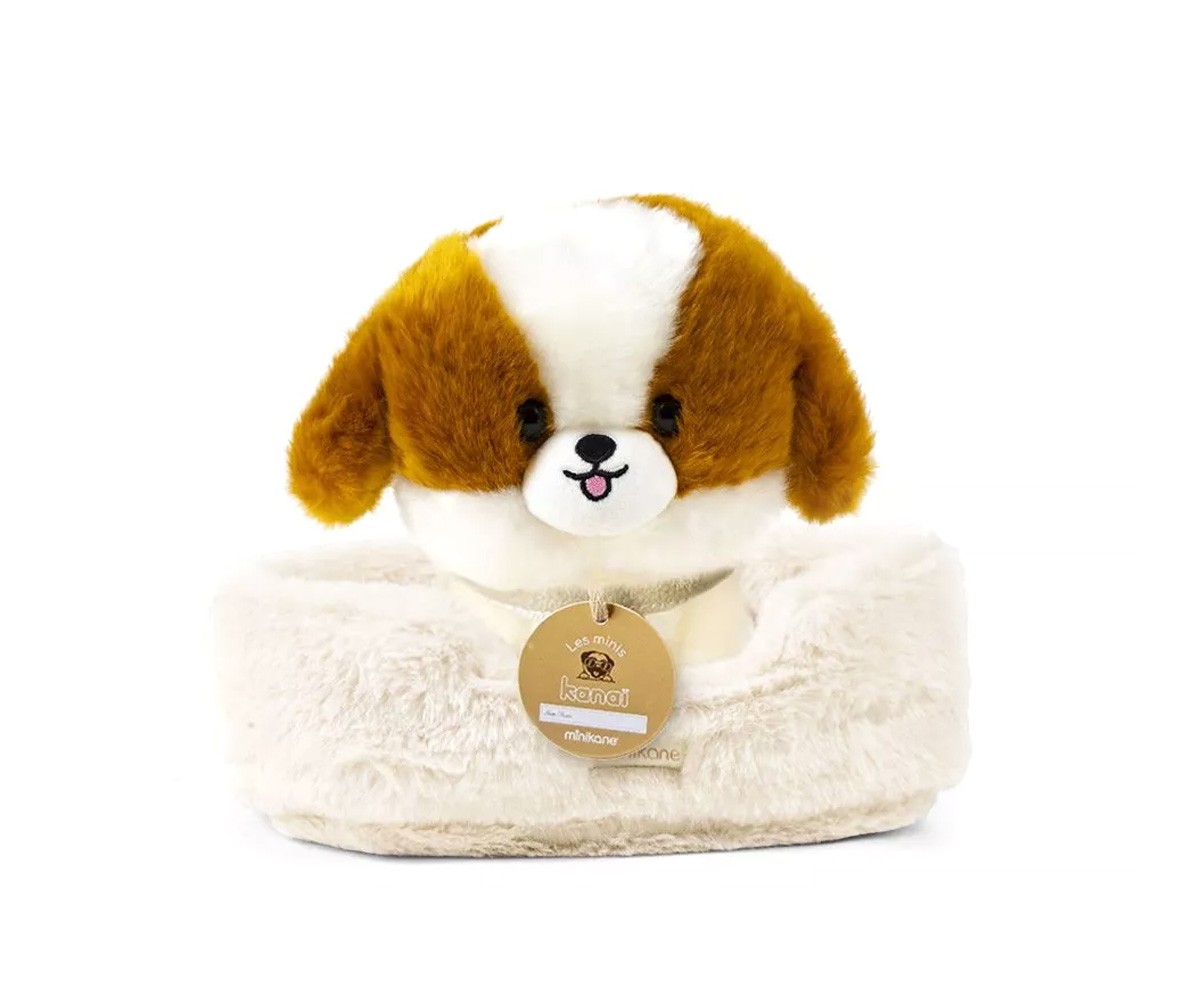 Cane in Peluche Les Minis Kana Suki con Collare e Cestino in Ecopelle